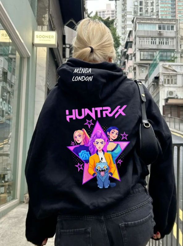 Unisex Huntrx Stil Renkli Baskılı Siyah Oversize Sweatshirt