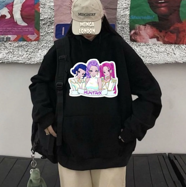 Unisex Huntrx Stil Renkli Baskılı Siyah Oversize Sweatshirt