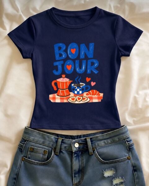 Bon Jour Baskılı Lacivert Kemer Boy Y2K Kısa Kollu Crop