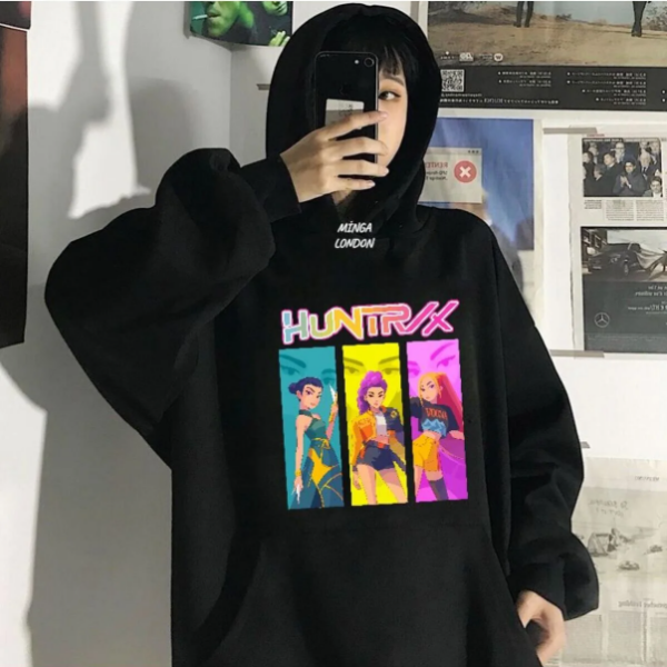 Unisex Huntrx Stil Renkli Baskılı Siyah Oversize Sweatshirt