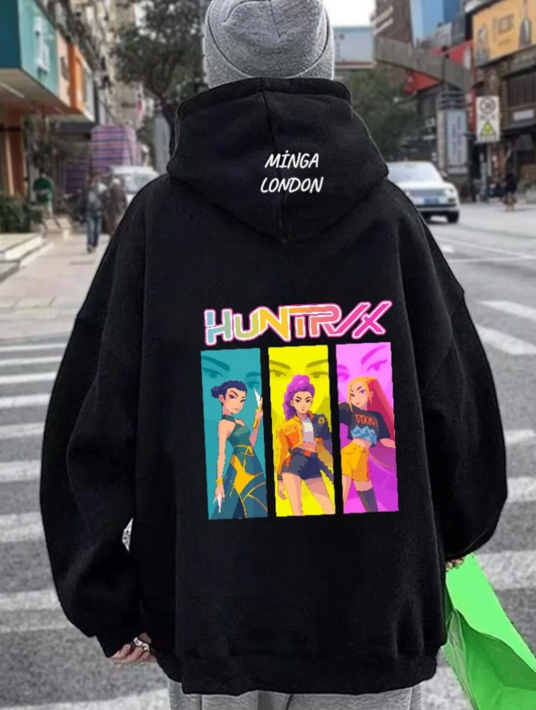 Unisex Huntrx Stil Renkli Baskılı Siyah Oversize Sweatshirt