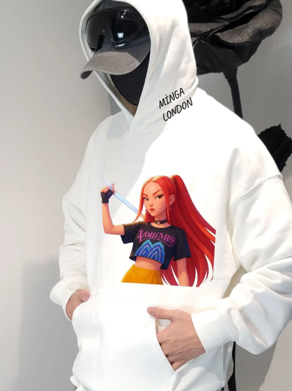 Unisex Kızıl Kız Stil Renkli Baskılı Beyaz Oversize Sweatshirt