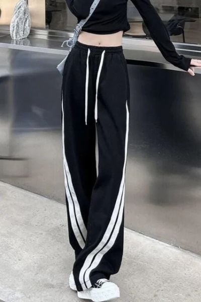 Siyah Y2K Vintage Yamuk Şerit Detaylı Bol Paça Eşofman Altı