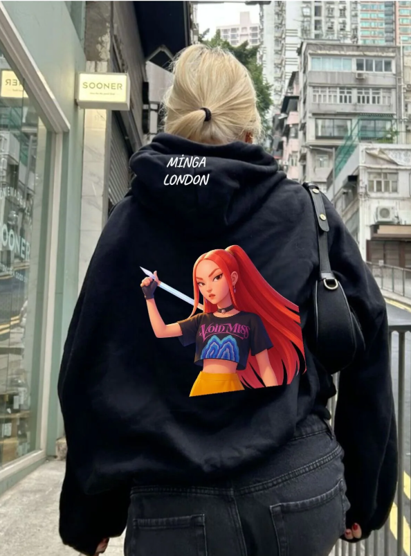 Unisex Kızıl Kız Stil Renkli Baskılı Siyah Oversize Sweatshirt