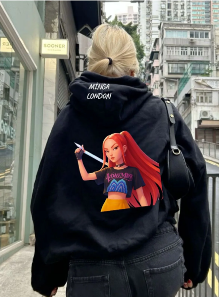 Unisex Kızıl Kız Stil Renkli Baskılı Siyah Oversize Sweatshirt