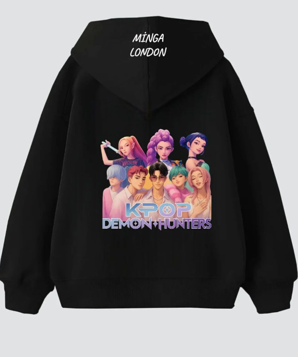 Unisex Kpop Demon Hunters Renkli Baskılı Siyah Oversize Sweatshirt