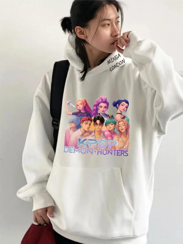 Unisex Kpop Demon Hunters Stil Renkli Baskılı Beyaz Oversize Sweatshirt