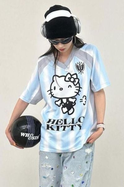 Mavi Çizgili V Yaka Hello Whoosis Kitty Unisex T-shirt