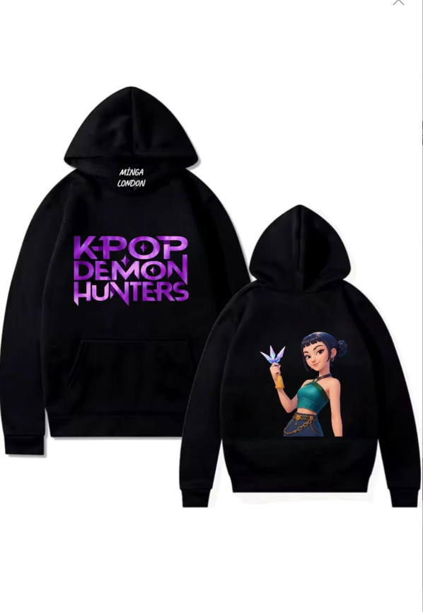 Unisex Kpop Demon Hunters Stil Renkli Baskılı Siyah Oversize Sweatshirt