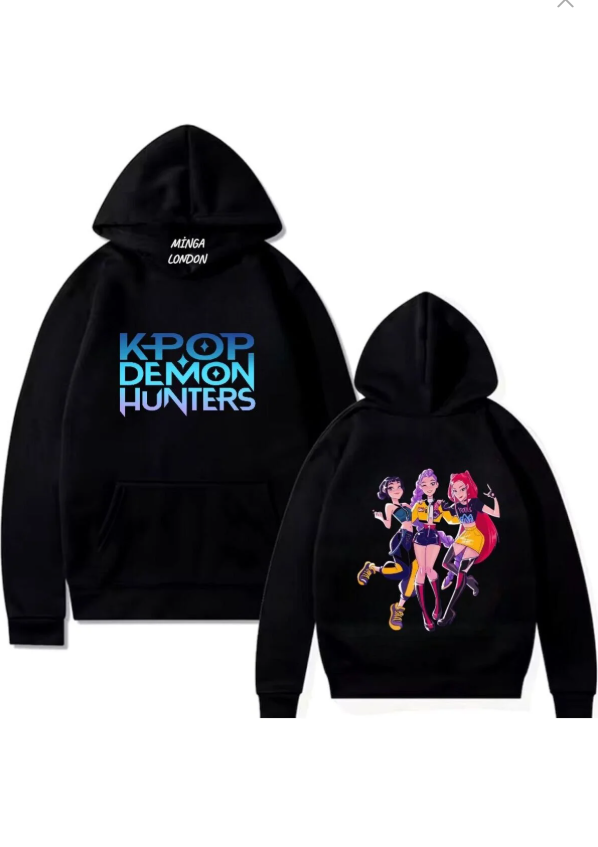 Unisex Kpop Demon Hunters Stil Renkli Baskılı Siyah Oversize Sweatshirt