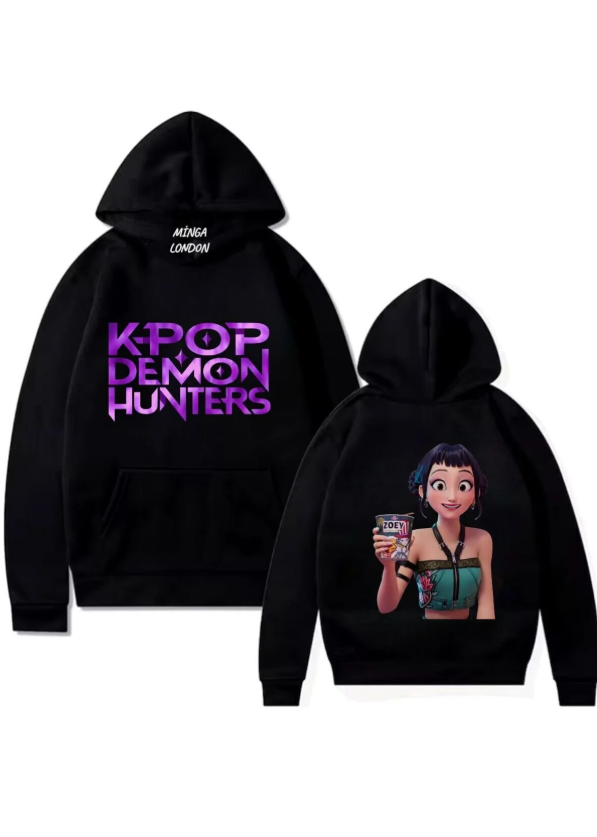 Unisex Kpop Demon Hunters Stil Renkli Baskılı Siyah Oversize Sweatshirt