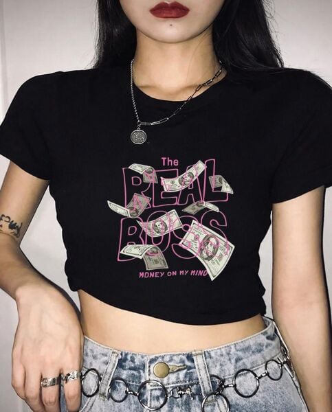 The Real Boos Baskılı Siyah Kemer Boy Y2K Kısa Kollu Crop