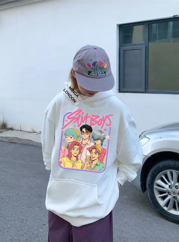 Unisex Saja Boys Stil Renkli Baskılı Beyaz Oversize Sweatshirt
