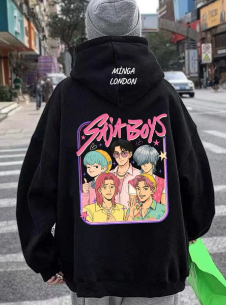 Unisex Saja Boys Stil Renkli Baskılı Siyah Oversize Sweatshirt