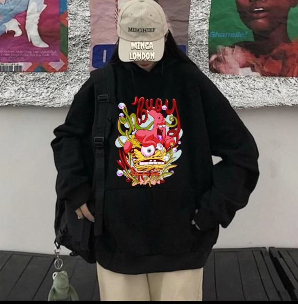 Unisex Siyah Çizgi Film Baskılı Oversize Sweatshirt