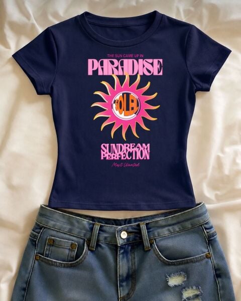 Paradice Sundream Perfectıon Baskılı Lacivert Kemer Boy Y2K Kısa Kollu Crop