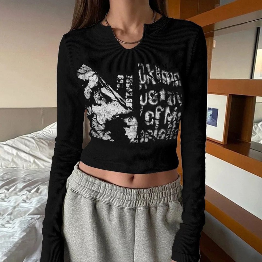 Siyah Aesthetic Retro Halftone Yarım Kadın Uzun Kollu Crop