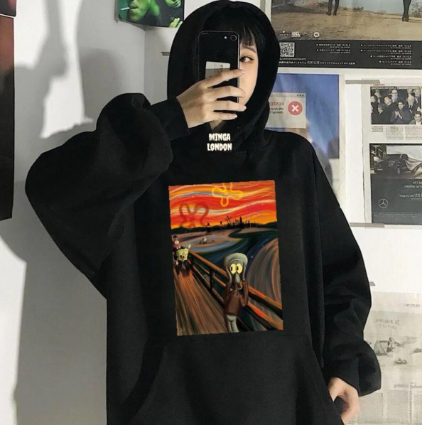 Unisex Siyah Çizgi Film Tablo Baskılı Oversize Sweatshirt