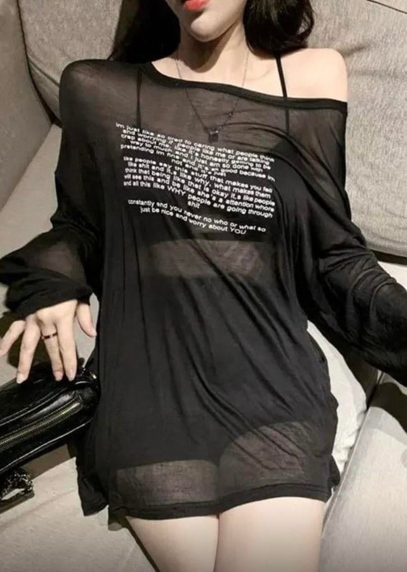 Siyah Salaş Transparan Düşük Omuz Uzun Kol T-shirt