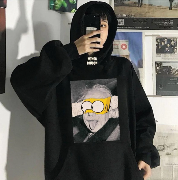 Unisex Siyah Einstein Baskılı Oversize Sweatshirt