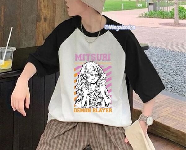 Reglan Kollu Mıtsurı Demon Slayer Baskılı T-Shirt