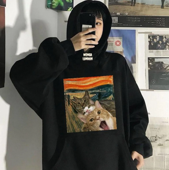 Unisex Siyah Kedi Tablo Baskılı Oversize Sweatshirt