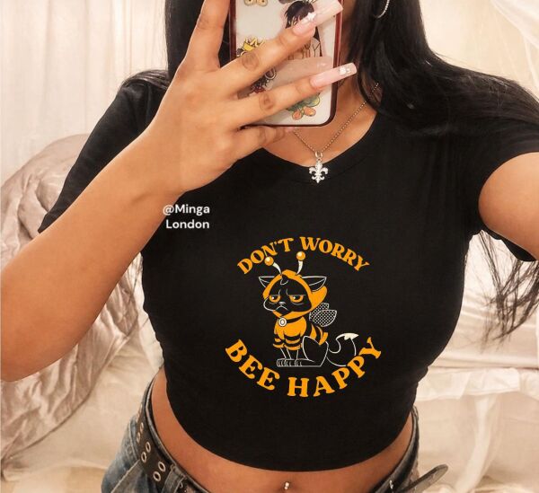 Don't Worry Bee Happy Baskılı Siyah Kemer Boy Y2K Kısa Kollu Crop