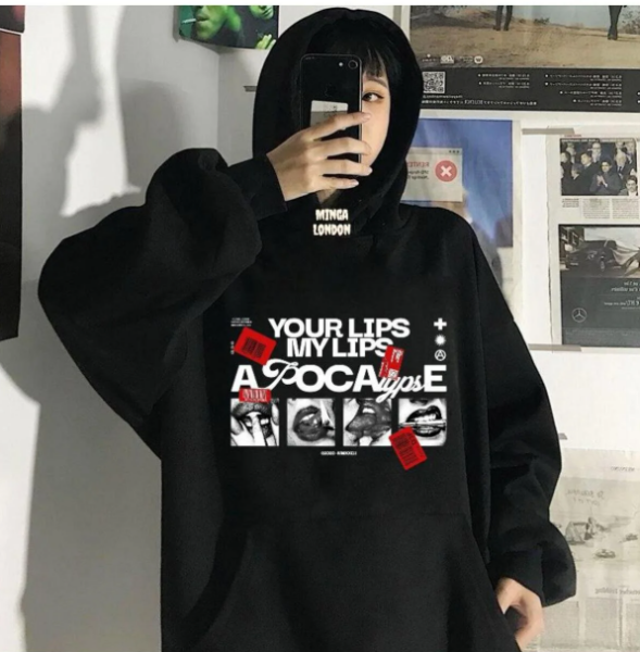 Unisex Siyah Lips Baskılı Sweatshirt