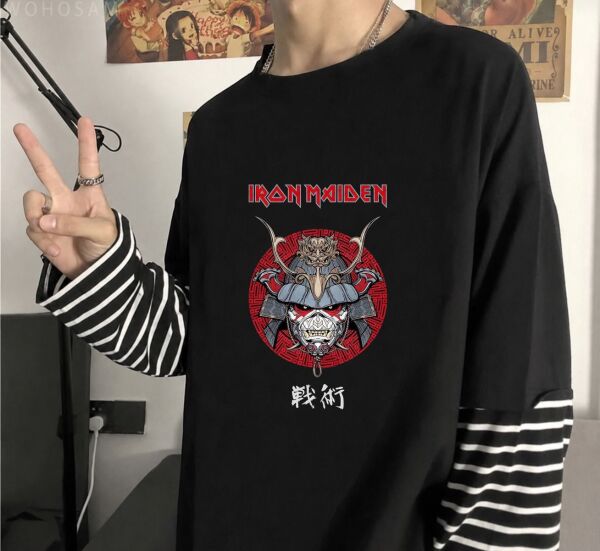 Fake Kollu Iron Maiden Senjutsu Samuray Baskılı Oversize T-Shirt