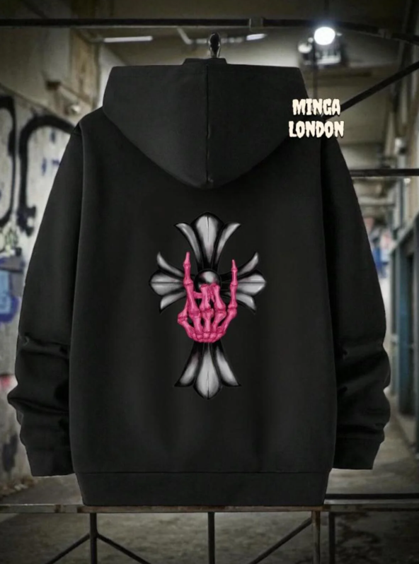 Unisex Siyah Pembe Rock Baskılı Oversize Sweatshirt