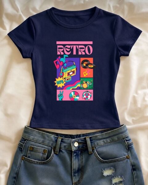 Retro Baskılı Lacivert Kemer Boy Y2K Kısa Kollu Crop