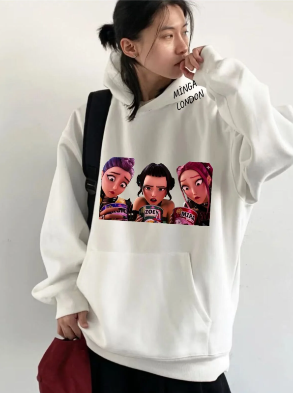 Unisex Stil Huntrx Ramen Renkli Baskılı Beyaz Oversize Sweatshirt