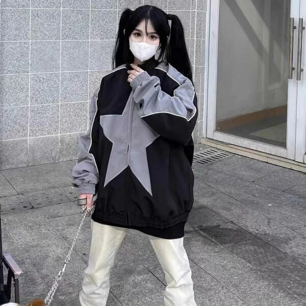 Y2k Star Patchwork Bomber Ceket