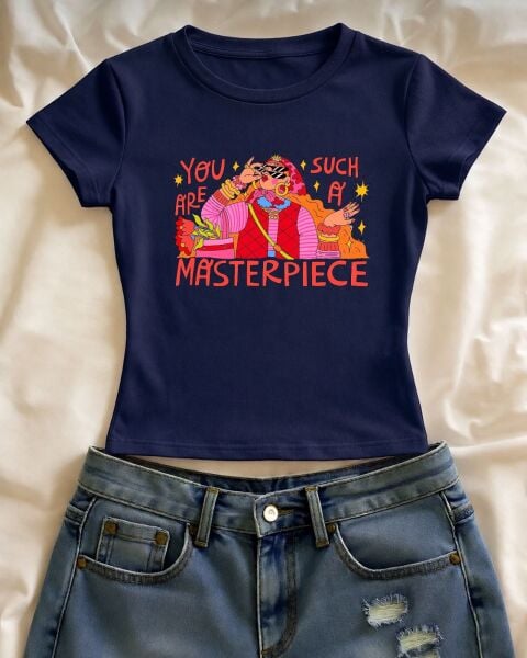 You Such Are A Masterpıece Baskılı Lacivert Kemer Boy Y2K Kısa Kollu Crop