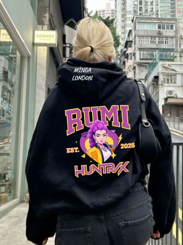 Unisex Stil Huntrx Rumi Renkli Baskılı Siyah Oversize Sweatshirt