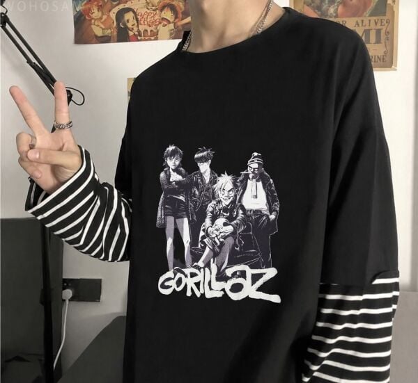 Fake Kollu Gorıllaz Baskılı Oversize T-Shirt