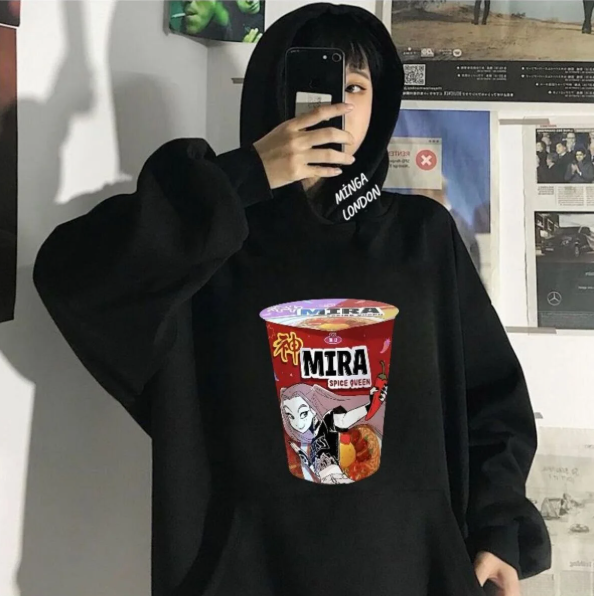 Unisex Stil Ramen Renkli Baskılı Siyah Oversize Sweatshirt