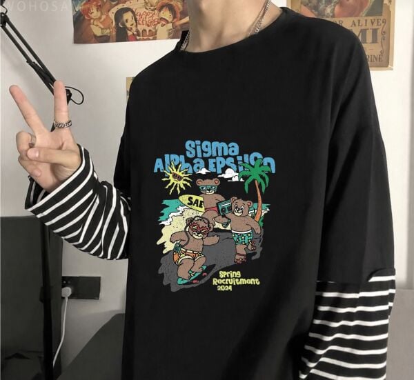 Fake Kollu Sıgma Alpha Epsilon Baskılı Oversize T-Shirt