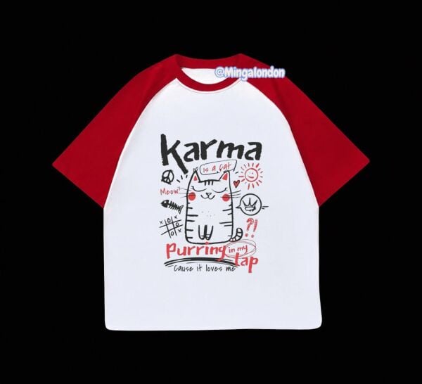 Kırmızı Reglan Kol Karma Cat Baskılı T-Shirt