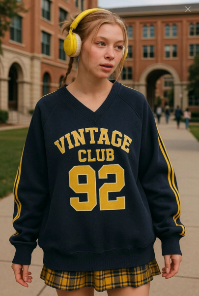 Vintage Clup Sweatshirt V Yaka Baskılı Unisex