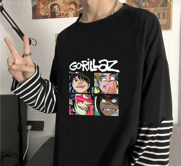 Fake Kollu Gorillaz Karakterleri Baskılı Oversiz T-Shirt