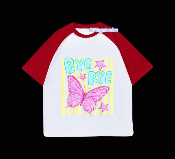 Kırmızı Reglan Kol Kelebek BYE BYE Baskılı T-Shirt
