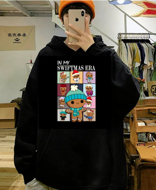 Christmas Candy Two Baskılı Siyah Unisex Oversize Kapüşonlu Sweatshirt