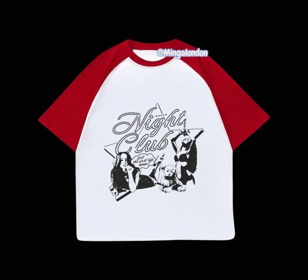 Kırmızı Reglan Kol Night Club Baskılı T-Shirt