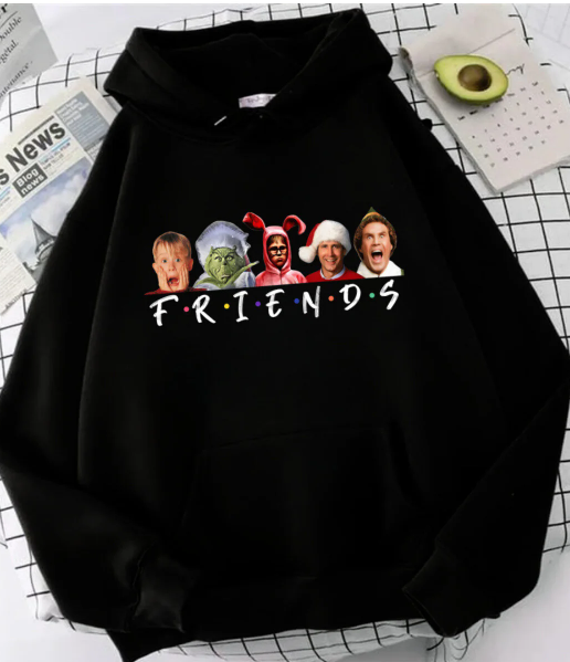 Friends Christmas Baskılı Siyah Unisex Oversize Kapüşonlu Sweatshirt
