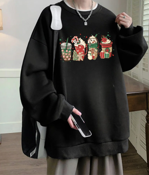 Happy Christmas Baskılı Siyah Unisex Oversize Bisiklet Yaka Sweatshirt