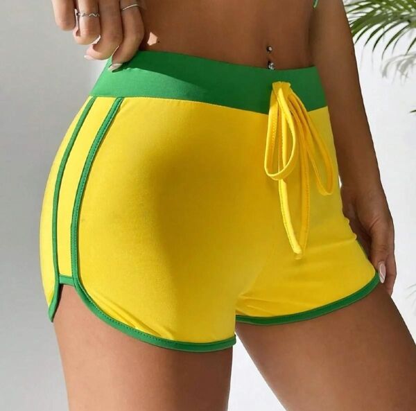 Sarı Vintage Brasil Yeşil Şeritli Biyeli Kısa Şort