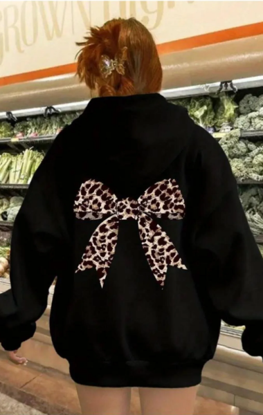 Leopar Desenli Kurdela Detail Siyah Baskılı Kapşonlu Sweatshirt