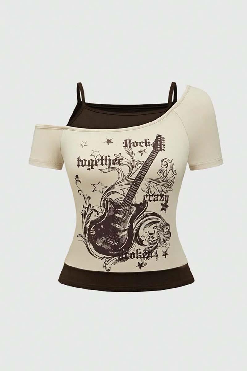 Bej Rock Together Brown Guitar Ek Askılı Kısa Kollu Y2K Full Body Crop
