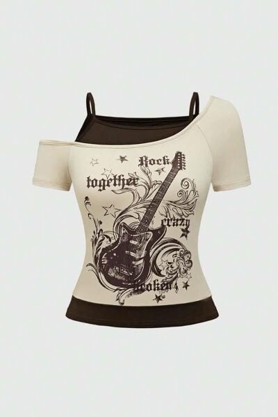 Bej Rock Together Brown Guitar Ek Askılı Kısa Kollu Y2K Full Body Crop
